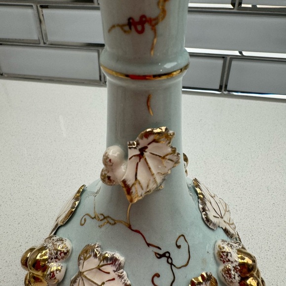 Vintage Vanity Set Vases Light Aqua Gold Tone Grapes Leaves MCM 1940s 1950s - Picture 9 of 16